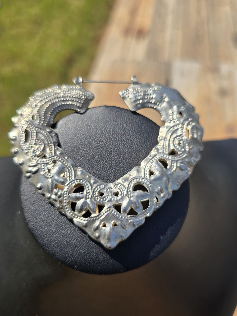 Vintage Large Silver Heart Filigree Hoop Earrings